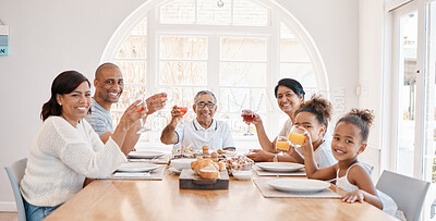 Buy stock photo Family, home and dining table for lunch cheers, social gathering and brunch sharing meal or grandparents. People, love and thanksgiving or gourmet nutrition, apartment and raised glass or celebration