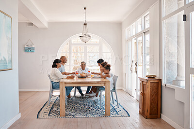 Buy stock photo Family, house and dining table for happy lunch, social gathering and brunch sharing meal or grandparents. People, love and bonding or gourmet nutrition, apartment and together with healthy dish