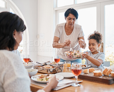 Buy stock photo Family, home and dining table for serving lunch, social gathering and brunch sharing meal or grandparents. People, love and child or gourmet nutritious food, apartment and together with healthy dish