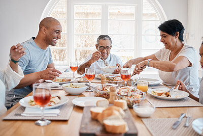 Buy stock photo Family, apartment and dining table for happy lunch, social gathering and brunch sharing meal or grandparents. People, love and bonding or gourmet nutrition, home and together with healthy dish