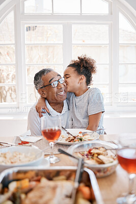 Buy stock photo Home, grandfather and girl with kiss for dinner on thanksgiving, gathering and reunion. People, kid and happy or smile with food in table for memories, fun and love with support for care and bonding