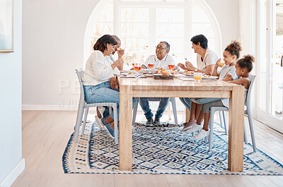 Buy stock photo Family, home and dining table for meal conversation, social gathering and brunch sharing food or grandparents. People, love and bonding or gourmet nutrition, apartment and together with healthy lunch