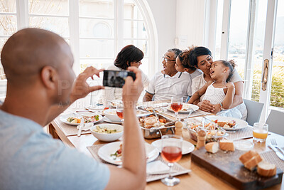 Buy stock photo House, man and family with photography for dinner with smile for thanksgiving, gathering and reunion. People, generations and happy with food in table for memories, fun and social media with bonding