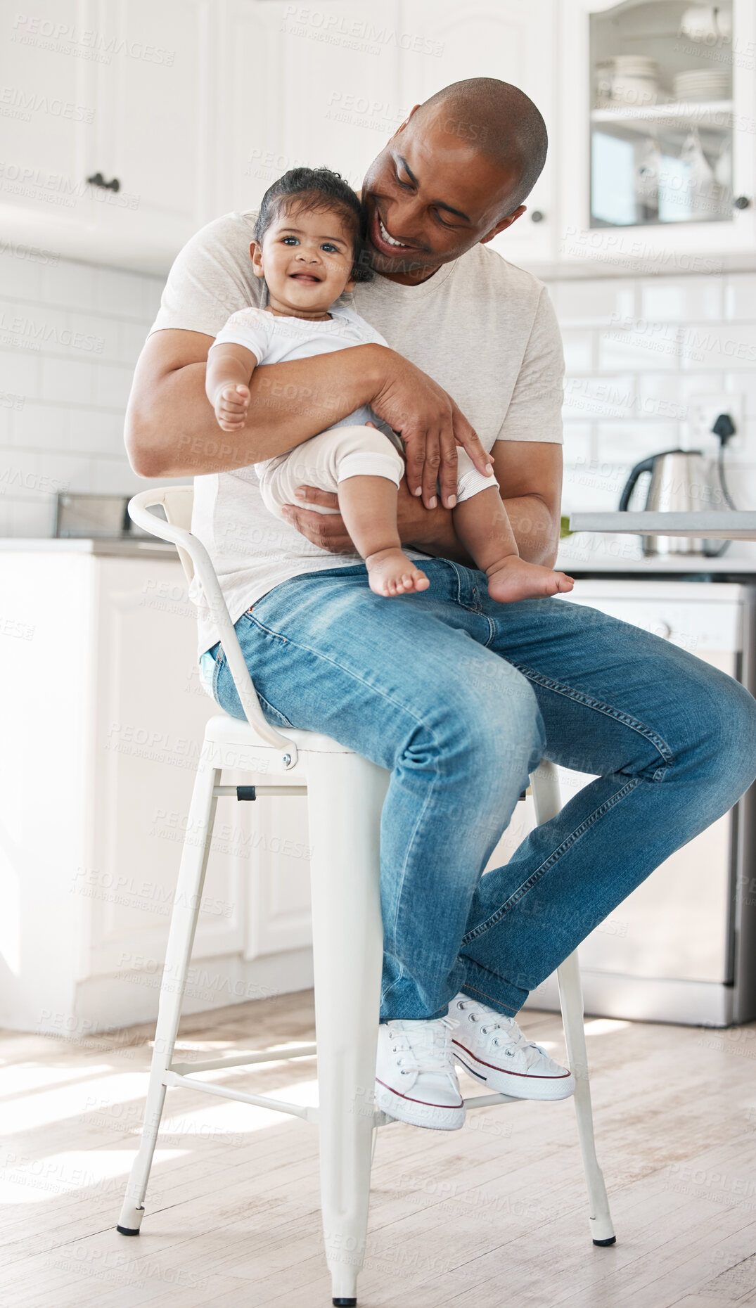 Buy stock photo Portrait, dad and baby in home for bonding together and child care with single parent, cute or love. Chair, wellness and proud father in kitchen with support, security and smile with kid or family