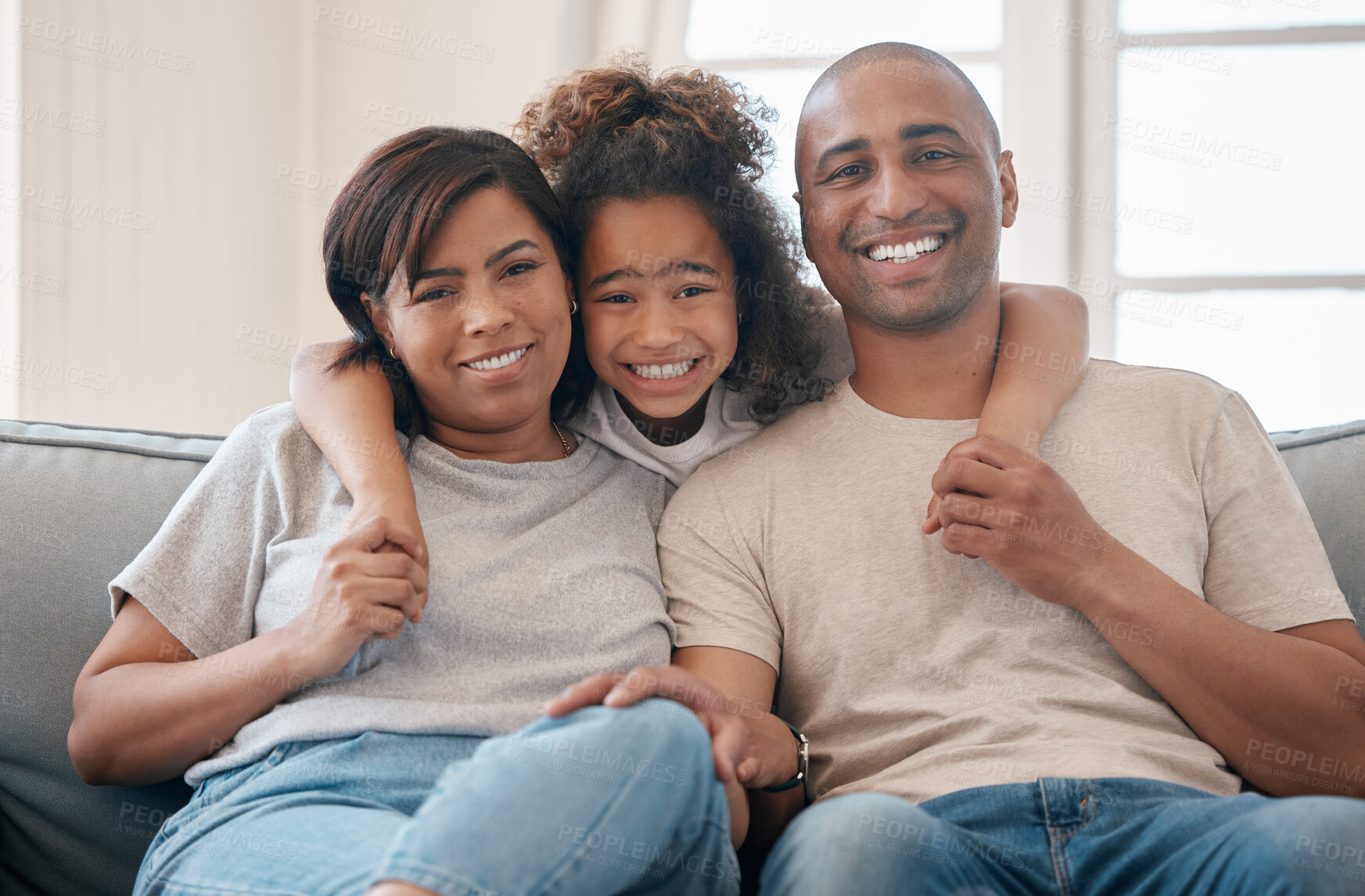 Buy stock photo Portrait, mom and dad relax with girl on sofa for family time, bonding and embrace in modern house on weekend. Mother, father and child in home with hug for affection or care, together and cheerful.