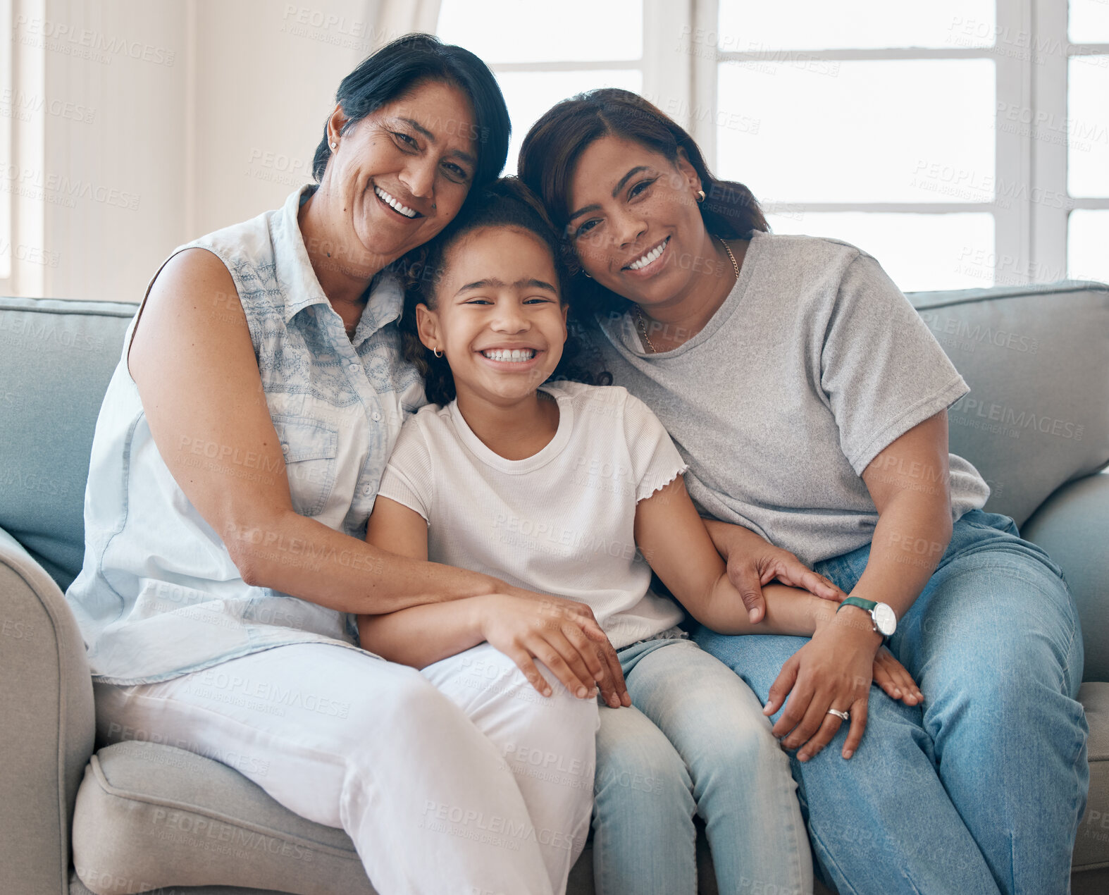 Buy stock photo Portrait, mom and grandma relax with girl on sofa for family time, bonding and embrace in modern house on weekend. Generations, child and home with hug for affection or care, together and cheerful.