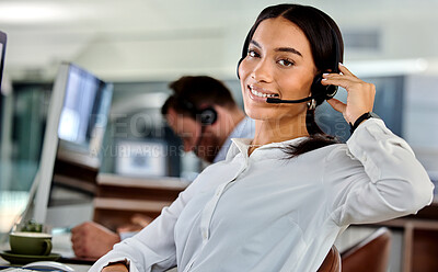 Buy stock photo Business woman, crm and portrait at a call center company with phone consultation and smile. Telemarketing, web consulting and customer service with contact us work of employee with internet help