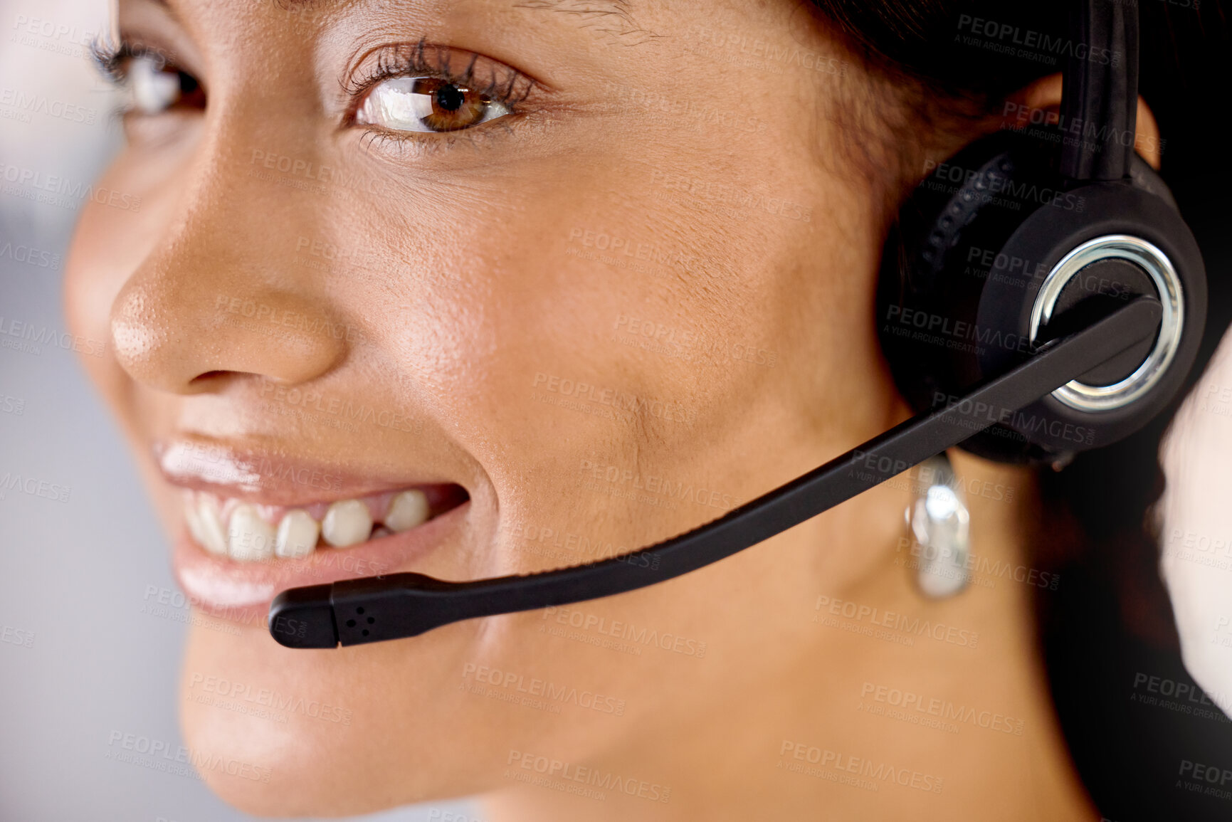 Buy stock photo Call center, woman and happy with portrait in office for technical support, help desk and communication. Headset, businesswoman and smile with mic for customer service, clients and digital consulting