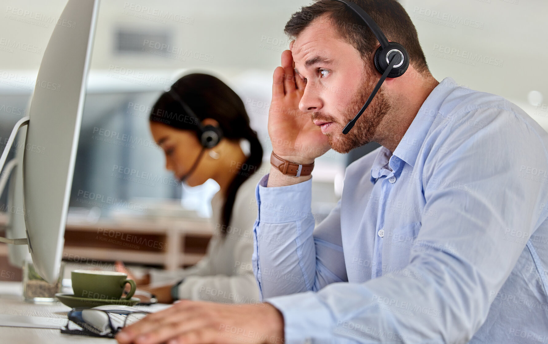 Buy stock photo Tired, businessman and telemarketing with headphones in call centre for help and customer service. Thinking, male person or CRM and frustration with computer for communication, support and contact  