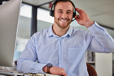 Buy stock photo Business man, crm and sales portrait at a call center company with phone consultation and smile. Telemarketing, web consulting and customer service with contact us work of male employee with help