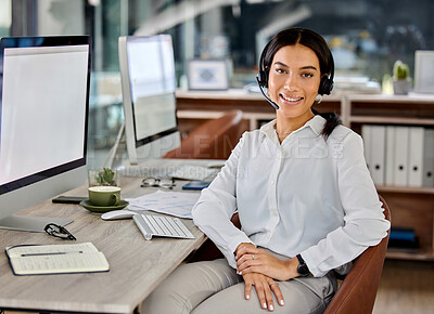 Buy stock photo Business woman, contact us and portrait at a call center company with phone consultation and smile. Telemarketing, web consulting and customer service with crm work of employee with internet help