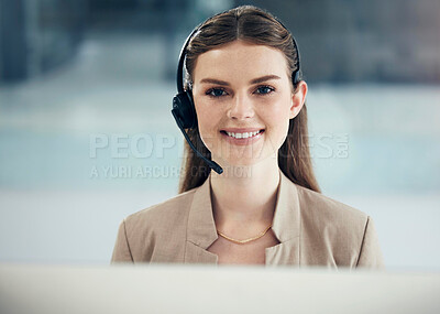 Buy stock photo Customer service, portrait of woman call center agent with headset and in her modern workplace office. Networking or online communication, telemarketing or support and crm with a female person 