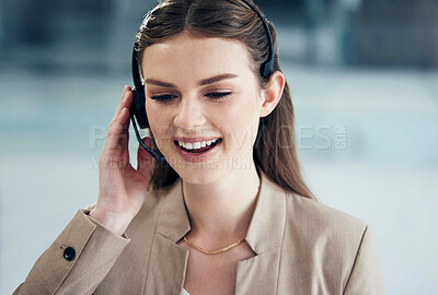 Buy stock photo Call center, listening or happy woman in telecom, CRM or telemarketing office for customer services. Microphone headset, smile or friendly female sales agent in tech support help desk for consulting