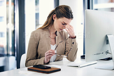 Buy stock photo Stress, headache and woman in business, working at computer, desk with pain or corporate office of lawyer. Exhausted, burnout and anxiety in legal, law firm or employee frustrated with mistake