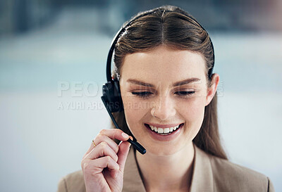 Buy stock photo Contact us, call center and woman with a smile, tech support and conversation with headphones, advice and help. Happy, female person and consultant with a headset, telemarketing and customer service