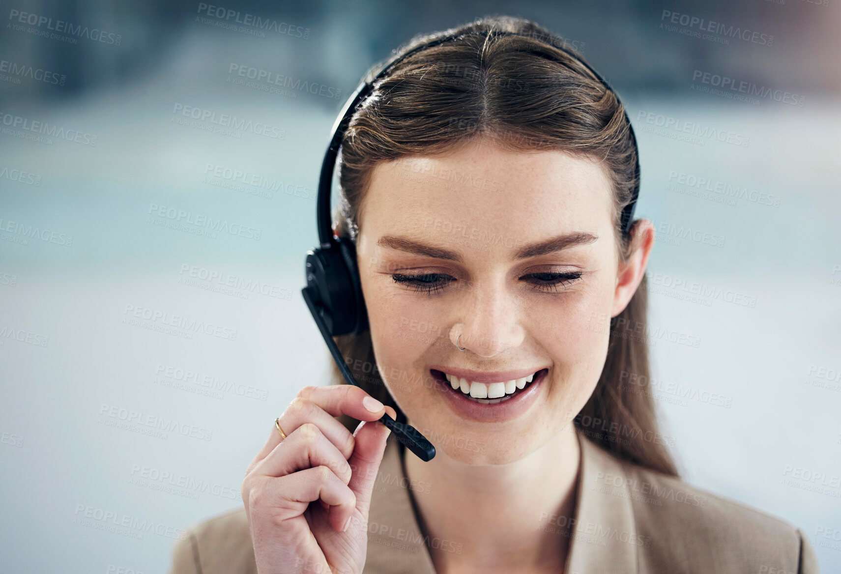 Buy stock photo Contact us, call center and woman with a smile, tech support and conversation with headphones, advice and help. Happy, female person and consultant with a headset, telemarketing and customer service