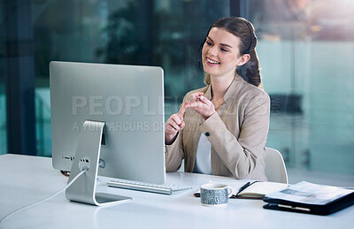 Buy stock photo Call center, computer or happy woman in telecom, CRM or telemarketing office for customer services. Pc monitor, smile or friendly female sales agent in IT or tech support help desk for consulting