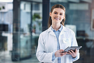Buy stock photo Telehealth, tablet or portrait of happy doctor in hospital with research to search for medicine on online media. Woman, smile or medical healthcare professional browsing on tech app to chat in clinic