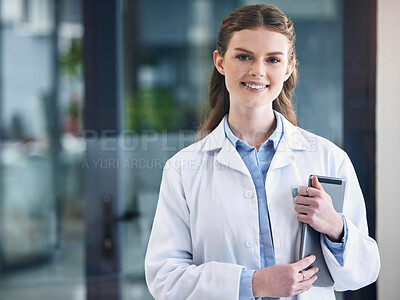 Buy stock photo Tablet, woman or portrait of happy doctor with confidence, online research or empowerment in hospital. Face, confident or proud medical worker smiling with positive mindset or success in office 