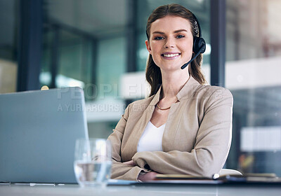 Buy stock photo Portrait, call center and woman with a smile, telemarketing and confident with a laptop, headphones and help. Face, female person and consultant with a headset, pc and telemarketing with tech support
