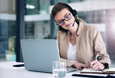 Buy stock photo Call center, writing and business woman, laptop and planning for telemarketing sales, crm and communication. Notes, schedule and professional telecom person in virtual consulting job on her computer