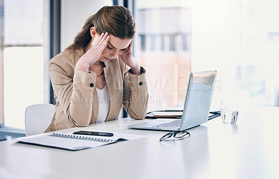 Buy stock photo Headache, stress and woman in business, working at computer, desk with pain or corporate office of lawyer. Exhausted, burnout and anxiety in legal, law firm or employee frustrated with mistake