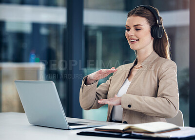 Buy stock photo Business, laptop or woman on video call for online meeting or virtual conference on social network in office. Communication, talking or happy girl consultant for webinar, discussion or conversation 