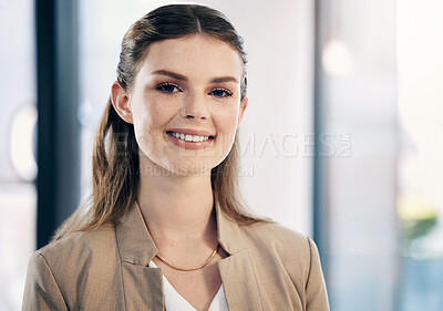 Buy stock photo Confidence, smile and portrait of a businesswoman in the office with a positive mindset for a case. Happy, career and headshot of a professional female lawyer from Australia standing in her workplace