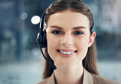 Buy stock photo Consultant, portrait of woman call center agent with headset and in her modern workplace office. Networking or online communication, telemarketing or customer service and support with female person 