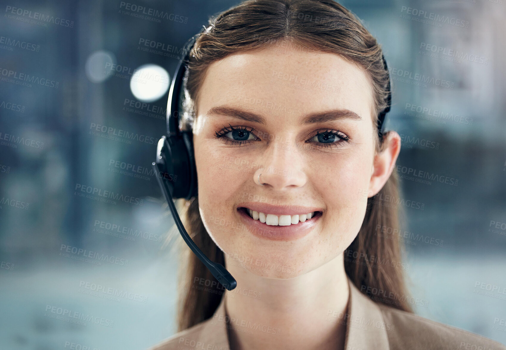 Buy stock photo Consultant, portrait of woman call center agent with headset and in her modern workplace office. Networking or online communication, telemarketing or customer service and support with female person 