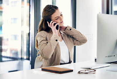 Buy stock photo Mental health, businesswoman on smartphone and at her desk in a modern workplace office. Networking or online communication, connectivity and stress with female person on a call with her cellphone
