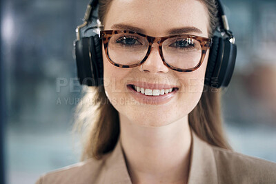 Buy stock photo Happy, music and portrait of business woman in office for streaming, radio and media. Professional, creative and audio with face of person listening to headphones for podcast, online and relax