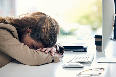 Buy stock photo Tired business woman, sleeping and desk in burnout, stress or mental breakdown at office. Exhausted female person or employee resting head on table in depression, anxiety or overworked at workplace