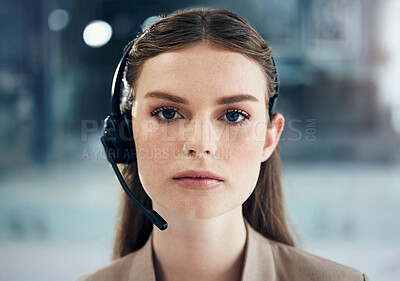 Buy stock photo Call center portrait, face or woman in telecom, CRM or telemarketing office for customer services. Microphone headset, ready or serious female sales agent in tech support help desk for consulting