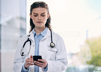 Buy stock photo Phone, woman or doctor in hospital on social media to search for medicine info or research online. Scroll, mockup or medical healthcare professional browsing on mobile app to chat in clinic 