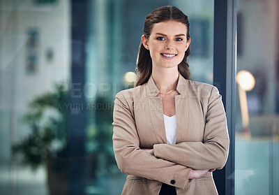 Buy stock photo Arms crossed, smile or portrait of businesswoman with confidence, happy face or empowerment. Startup, confident or proud female employee smiling with positive mindset or optimistic attitude in office