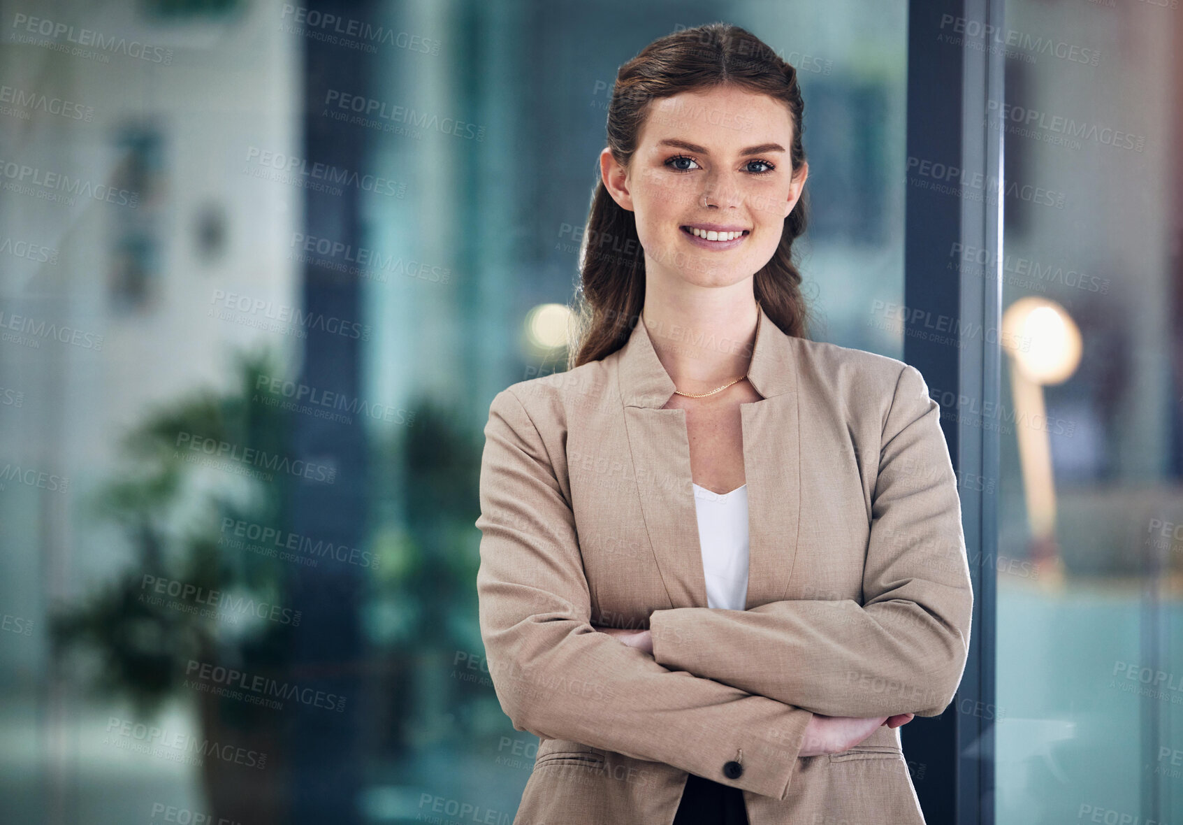 Buy stock photo Arms crossed, smile or portrait of businesswoman with confidence, happy face or empowerment. Startup, confident or proud female employee smiling with positive mindset or optimistic attitude in office