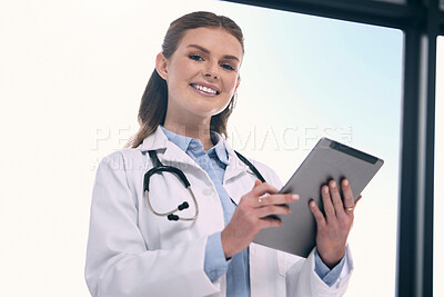 Buy stock photo Tablet, happy woman or portrait of doctor in hospital with research to search for medicine on social media. Telehealth, scroll or medical healthcare professional browsing on app to chat in clinic 