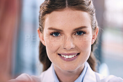 Buy stock photo Happy woman, face and portrait in selfie for picture, memory or photo of doctor at the hospital. Female person, medical or healthcare professional smile with teeth for vlog, dental care and wellness