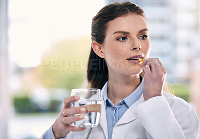 Buy stock photo Doctor, drinking water or woman in hospital with pills or supplements for healthcare vitamins or medicine. Stress, medication tablets or sick medical worker taking drugs for depression or headache