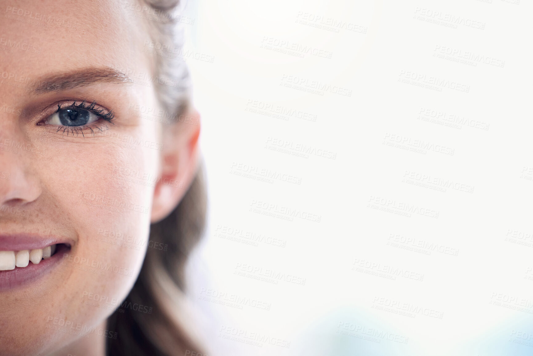 Buy stock photo Happy woman, face and teeth for dental care on mockup space in healthcare or wellness at hospital. Portrait of female person smile for tooth whitening, oral or mouth and gum care on mock up at clinic