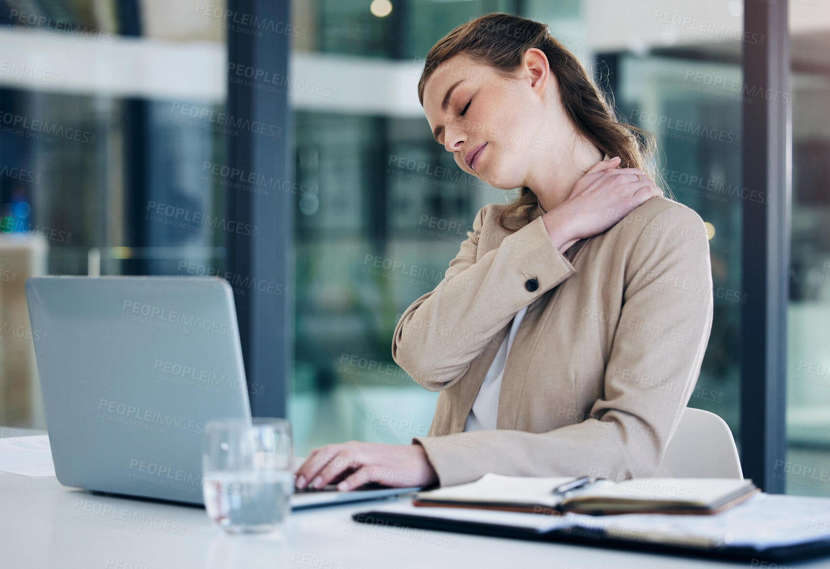 Buy stock photo Neck pain, laptop and business woman stress, online mistake or Human Resources error, problem and payroll crisis. Fatigue, sad or spine problem of HR person on her computer for planning or schedule