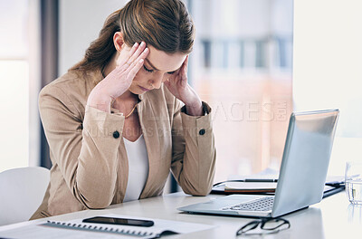 Buy stock photo Woman, headache and stress in business, working at computer, desk with pain or corporate office of lawyer. Exhausted, burnout and anxiety in legal, law firm or employee frustrated with mistake