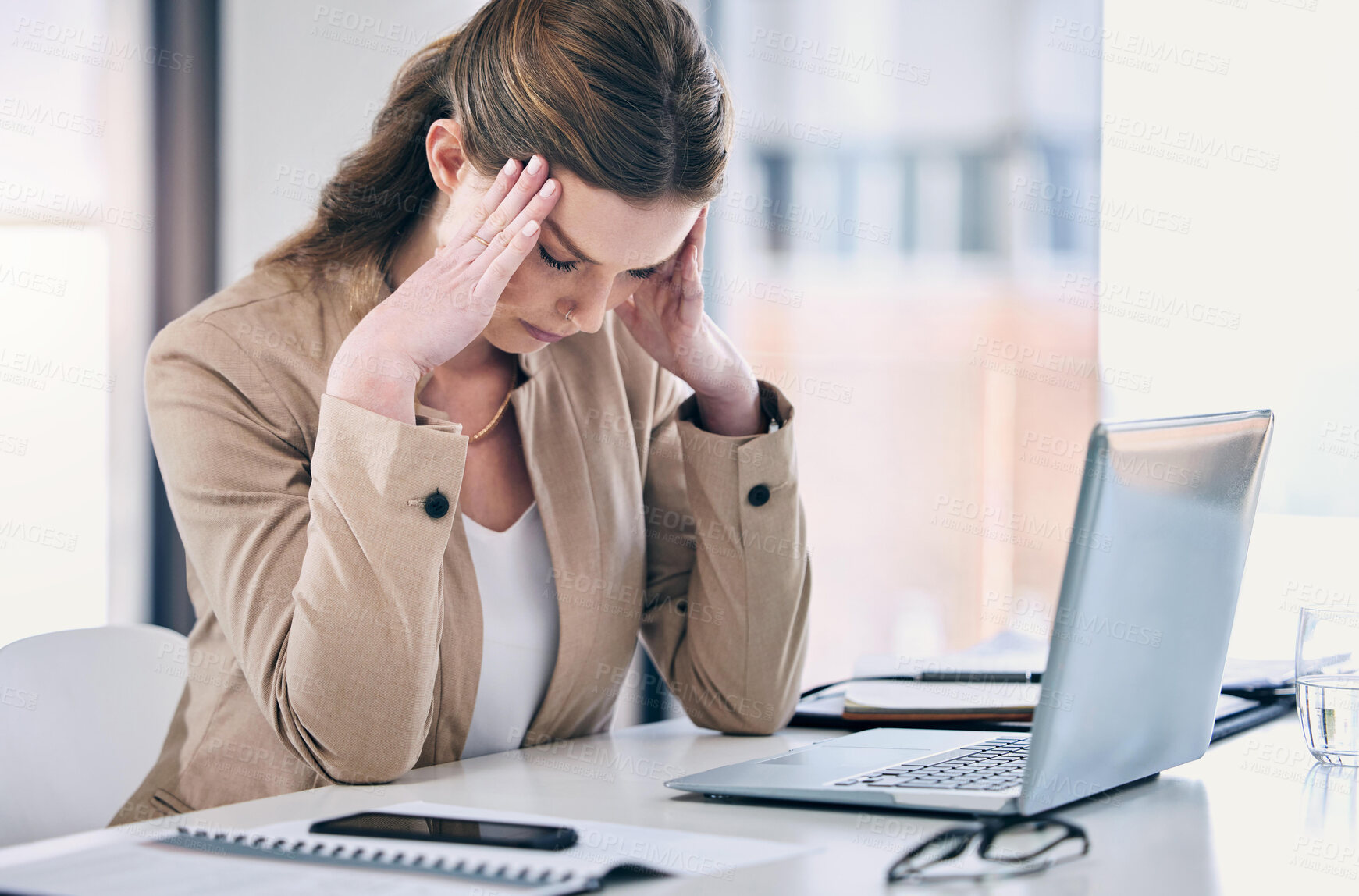 Buy stock photo Woman, headache and stress in business, working at computer, desk with pain or corporate office of lawyer. Exhausted, burnout and anxiety in legal, law firm or employee frustrated with mistake