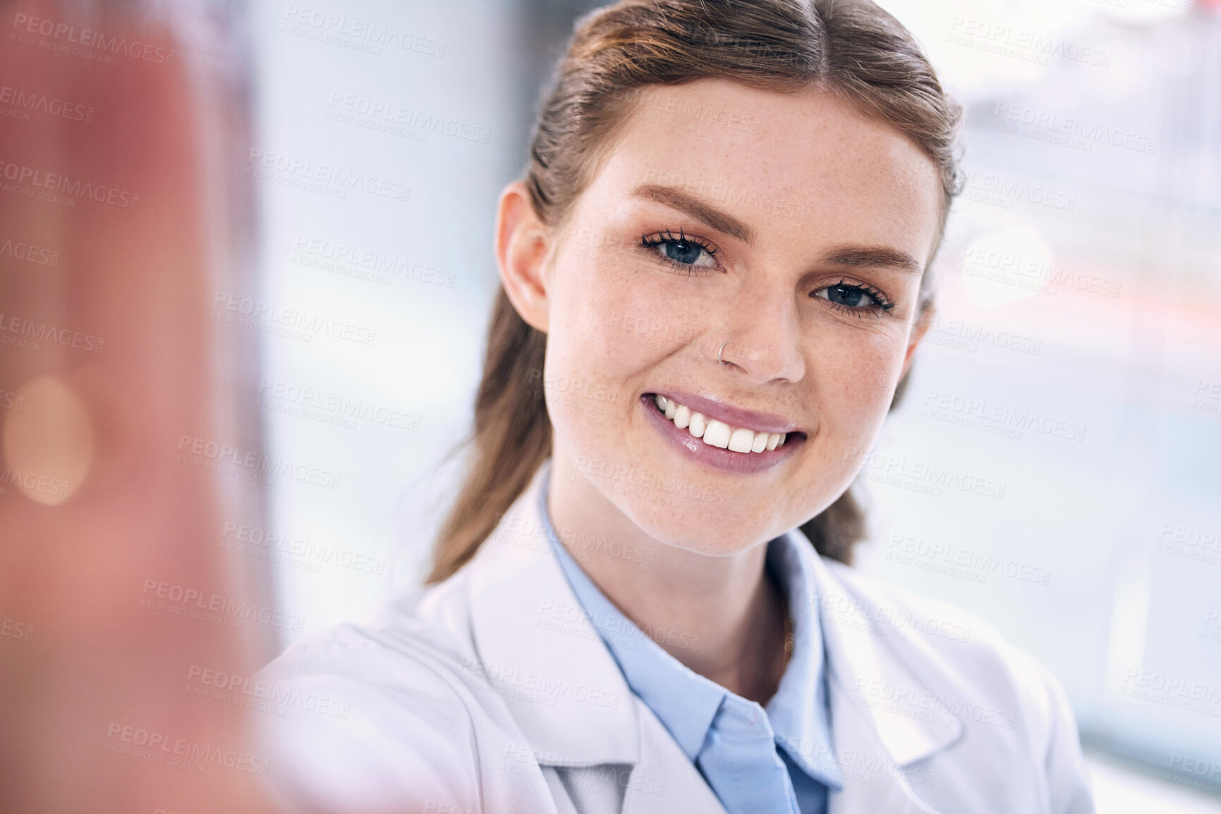 Buy stock photo Happy woman, doctor and portrait in selfie for picture, memory or photo of doctor at hospital. Female person, medical or healthcare professional smile with teeth for vlog, dental care and wellness