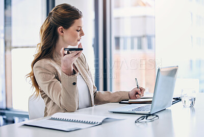 Buy stock photo Business, phone call and woman writing, speaker and connection with laptop, planning or conversation. Female person, administration or employee with a smartphone, discussion or notebook with deadline