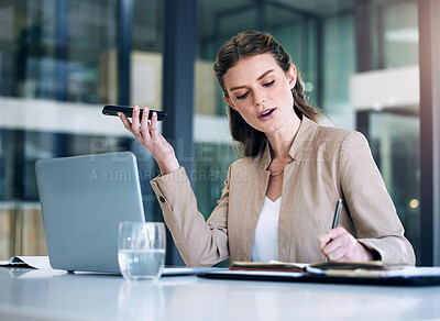 Buy stock photo Employee, phone call and woman writing, speaker and connection with laptop, conversation and advertising agency. Female person, administration or sales agent with a smartphone, discussion or notebook