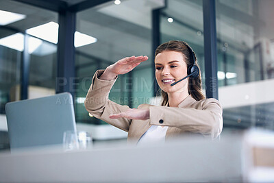 Buy stock photo Happy woman, laptop and call center with headphones in customer service, support or meeting at office. Female person, consultant or agent explaining in online virtual telecommunication at workplace