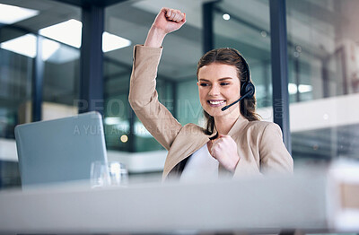 Buy stock photo Happy woman, laptop and fist in call center for celebration, winning or victory and bonus promotion at office. Female person, consultant or agent in joy for achievement, discount or sale at workplace