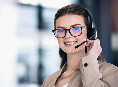 Buy stock photo Happy woman, portrait and headphones in call center, customer service support or telemarketing at office. Face of female person, consultant or agent with headset in online advice or help at workplace
